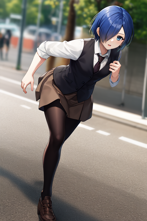 kirishima touka, blue hair, hair over one eye, blue eyes, white shirt, necktie, sleeves rolled .png
